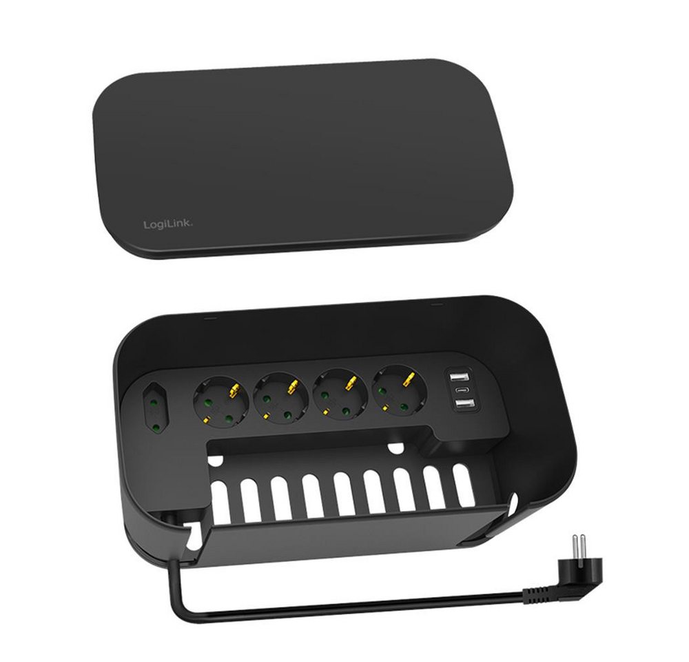 LogiLink Kabelbox LPS281U mit 5-fach-Steckdosenleiste, 3x USB, 285 x 145 x 13 mm, Kabelmanagement Box, Mehrfachsteckdose USB, 3600 W, Alltag, Schwarz Bild 4
