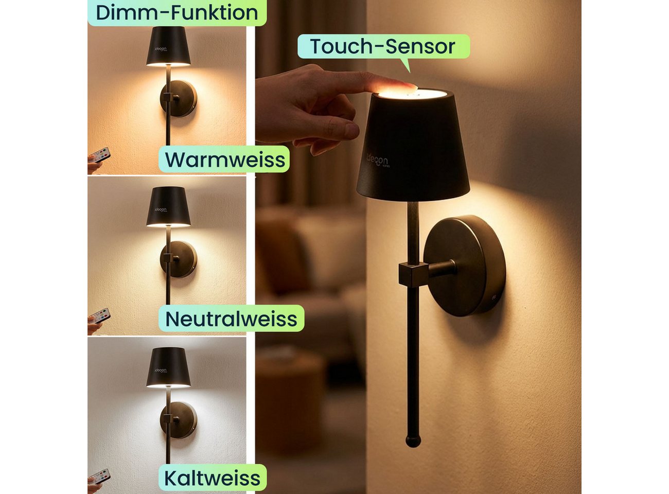 shop'n smile ideoon LED Wandleuchte Kabellose LED Wandleuchte Akku dimmbar Timer & Touch-Sensor Ø 11 cm, 44 hochwertige LEDs, Warmweiß Neutralweiß Kaltweiß, 3-stufig dimmbar/Ladezeit ca. 5–6 Std./in Schwarz Bild 2