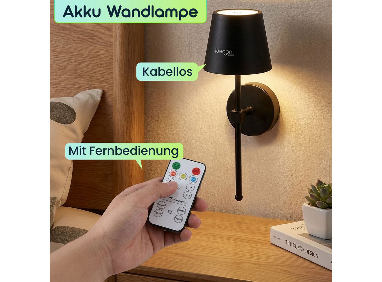 shop'n smile ideoon LED Wandleuchte Kabellose LED Wandleuchte Akku dimmbar Timer & Touch-Sensor Ø 11 cm, 44 hochwertige LEDs, Warmweiß Neutralweiß Kaltweiß, 3-stufig dimmbar/Ladezeit ca. 5–6 Std./in Schwarz Bild 5