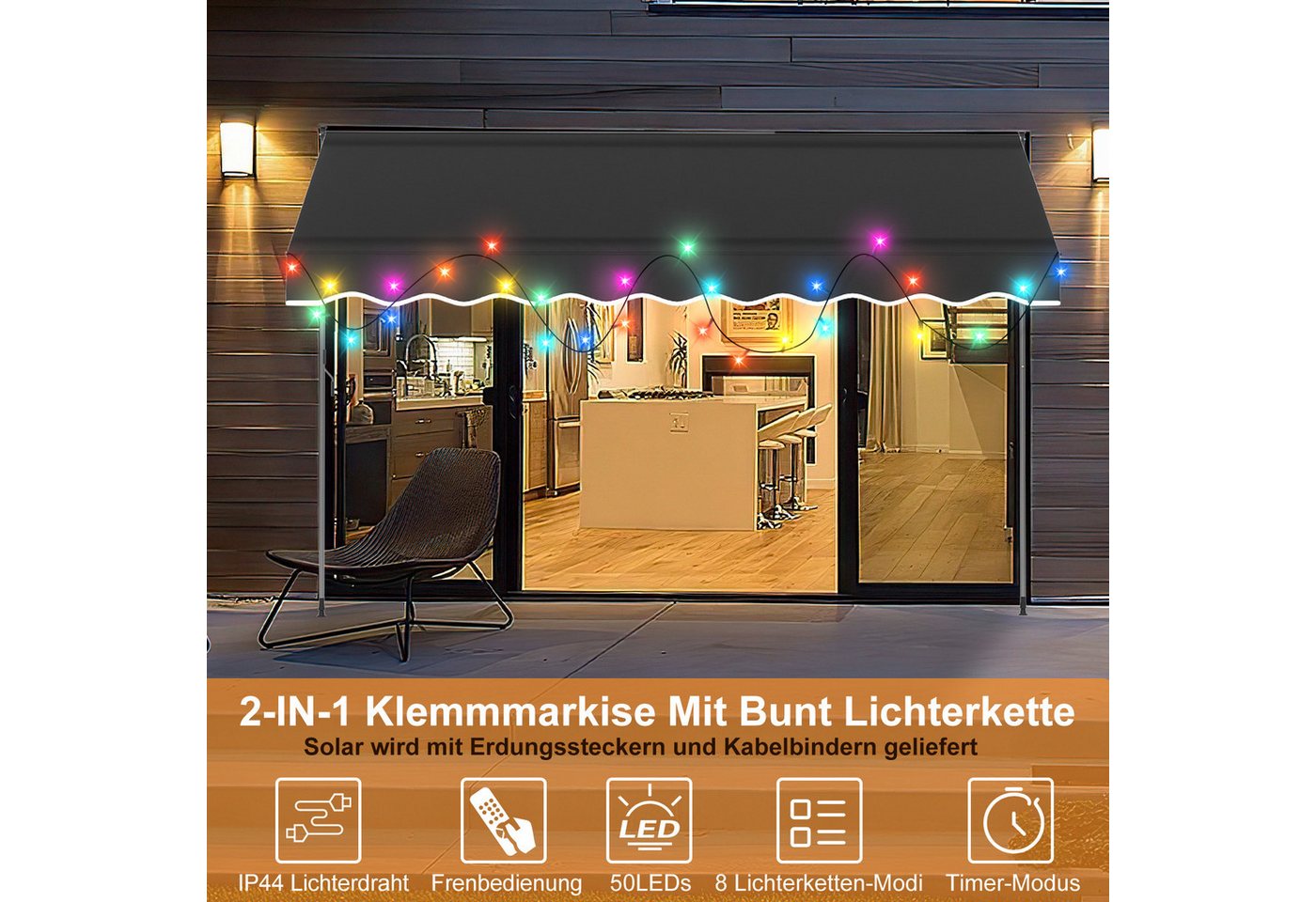 Clanmacy Klemmmarkise Klemmmarkise mit LED 300cm Balkonmarkise Markise mit Handkurbel Grau