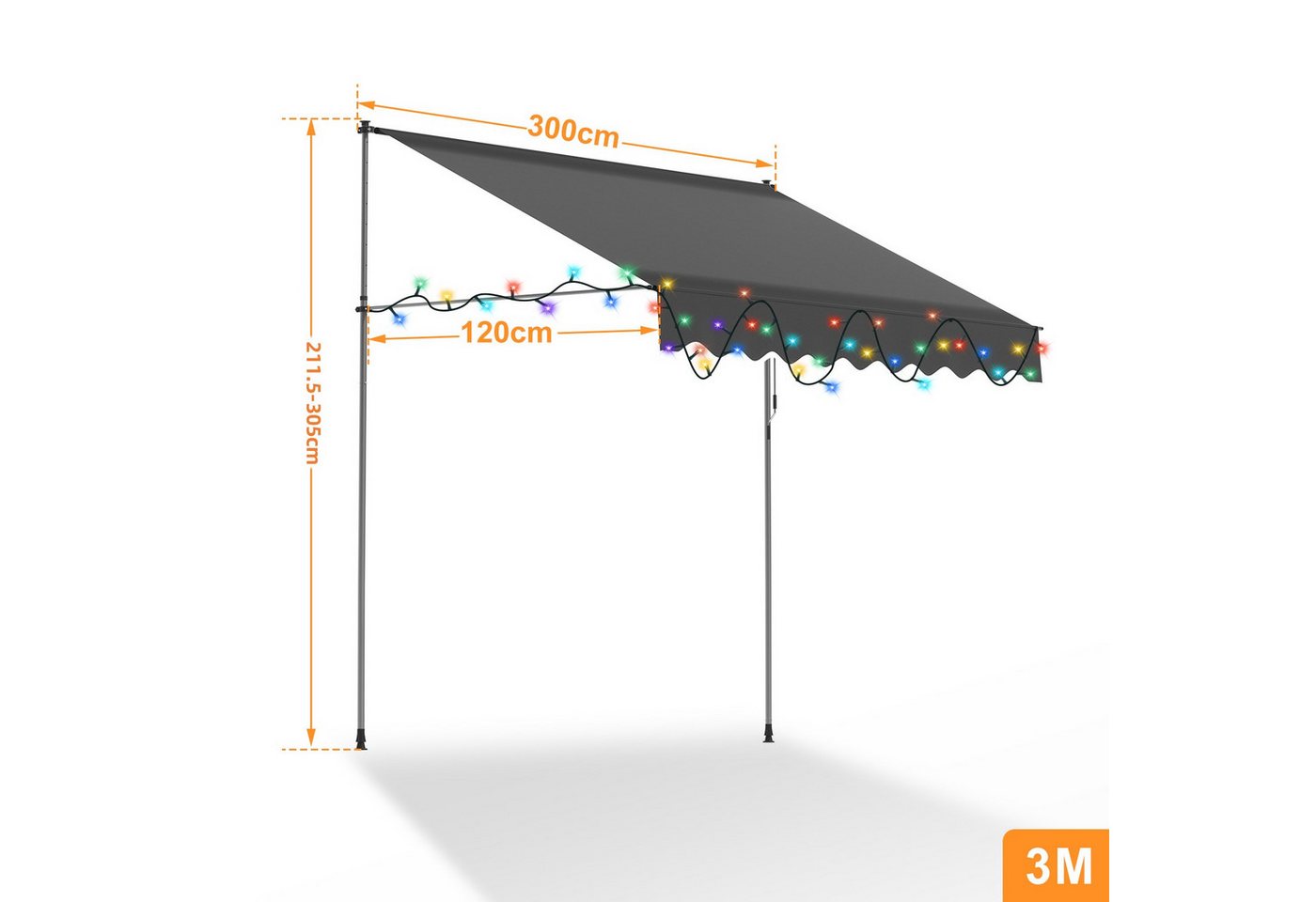 Clanmacy Klemmmarkise Klemmmarkise mit LED 300cm Balkonmarkise Markise mit Handkurbel Grau Bild 4