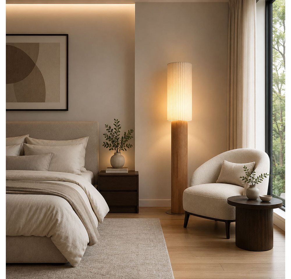 GLOBO LIGHTING Stehlampe, Leuchtmittel inklusive, Warmweiß, LED Stehleuchte Stehlampe Leseleuchte Holz Textil Braun Fußschalter Bild 2