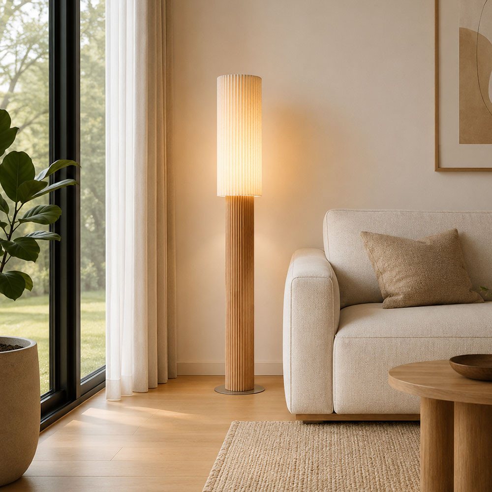 GLOBO LIGHTING Stehlampe, Leuchtmittel inklusive, Warmweiß, LED Stehleuchte Stehlampe Leseleuchte Holz Textil Braun Fußschalter Bild 4