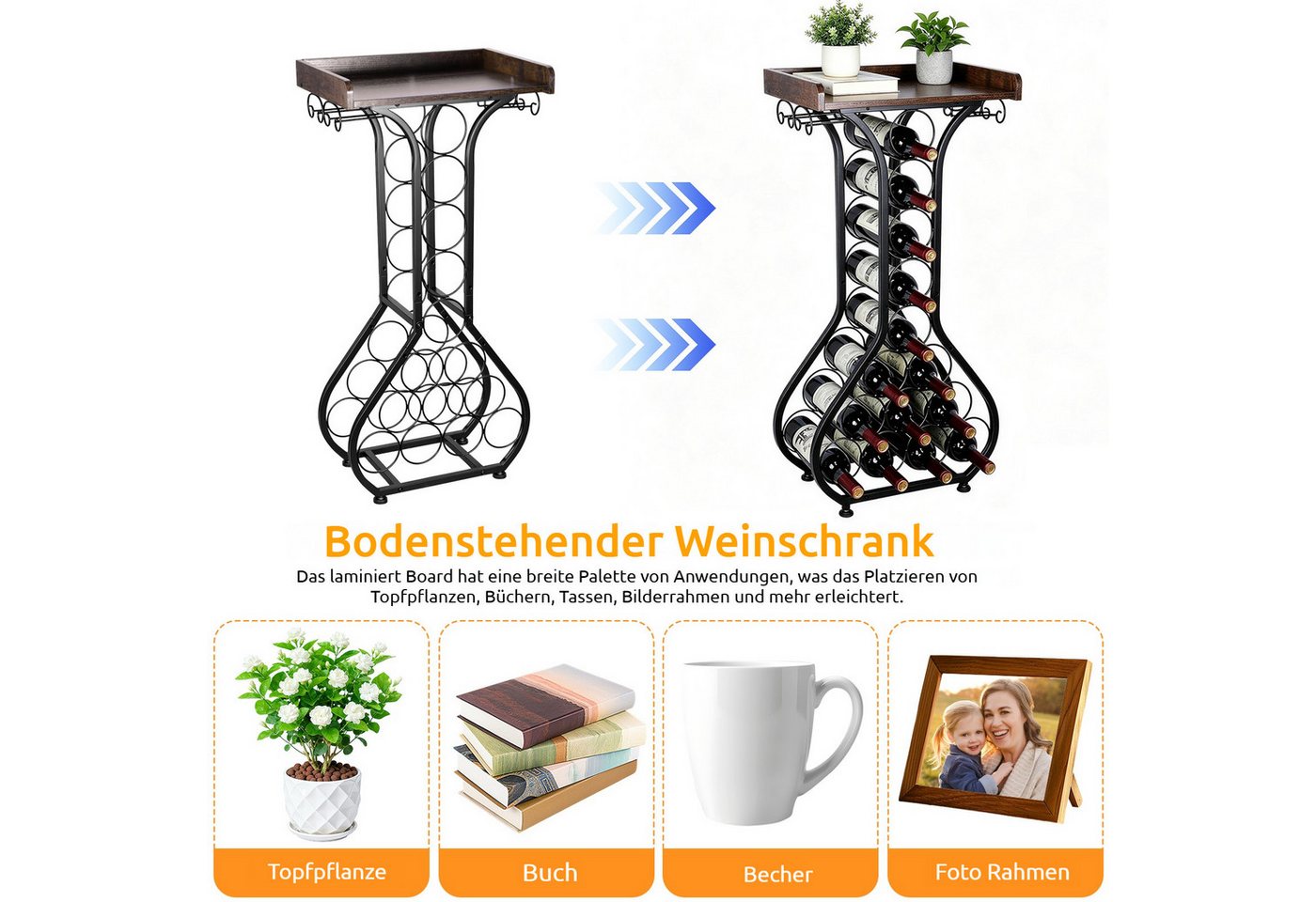 BlingBin Weinregal Freistehendes Metall Weinregal mit Holzplatte, Weinständer, 1er Set 1-tlg., für 14 Flaschen und 4 Weingläser, Vintage Design für Küche & Hausbar