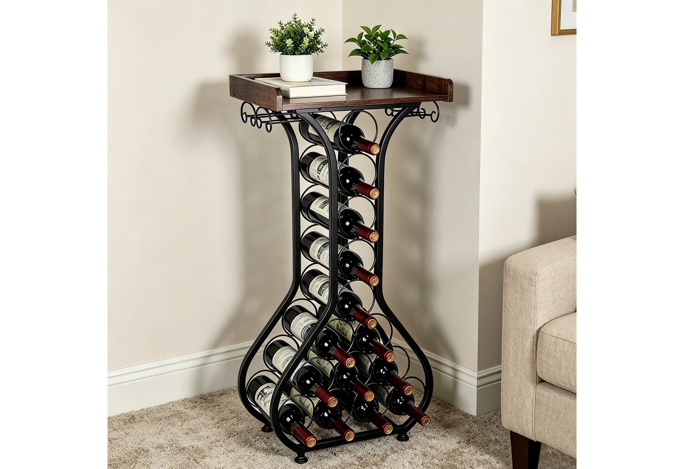 BlingBin Weinregal Freistehendes Metall Weinregal mit Holzplatte, Weinständer, 1er Set 1-tlg., für 14 Flaschen und 4 Weingläser, Vintage Design für Küche & Hausbar Bild 2