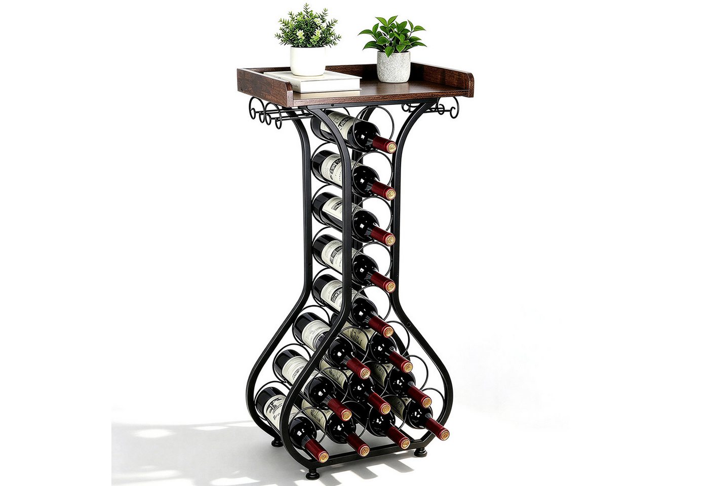 BlingBin Weinregal Freistehendes Metall Weinregal mit Holzplatte, Weinständer, 1er Set 1-tlg., für 14 Flaschen und 4 Weingläser, Vintage Design für Küche & Hausbar Bild 3
