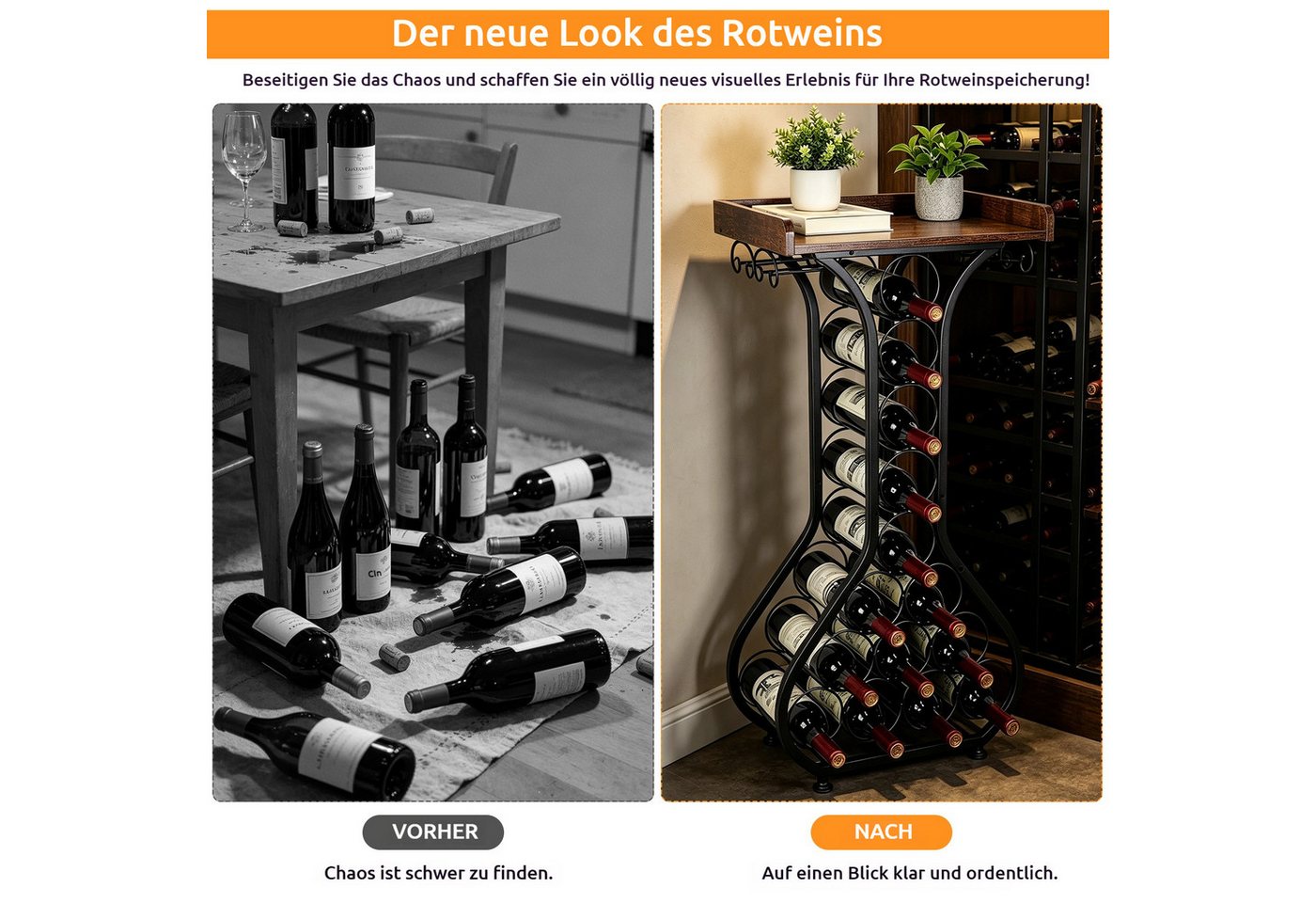 BlingBin Weinregal Freistehendes Metall Weinregal mit Holzplatte, Weinständer, 1er Set 1-tlg., für 14 Flaschen und 4 Weingläser, Vintage Design für Küche & Hausbar Bild 4