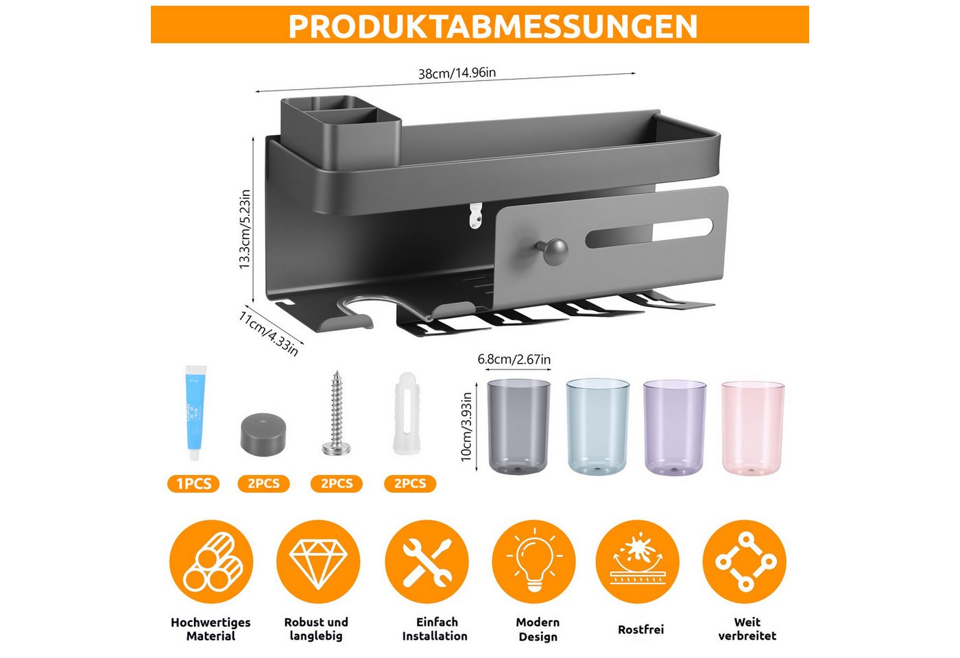 BlingBin Duschablage Metall Wandregal Badezimmer, Halter mit 4 Zahnbürstenbechern, 1er Set 1-tlg., für Föhn & elektrische Zahnbürsten am Waschbecken Bild 3