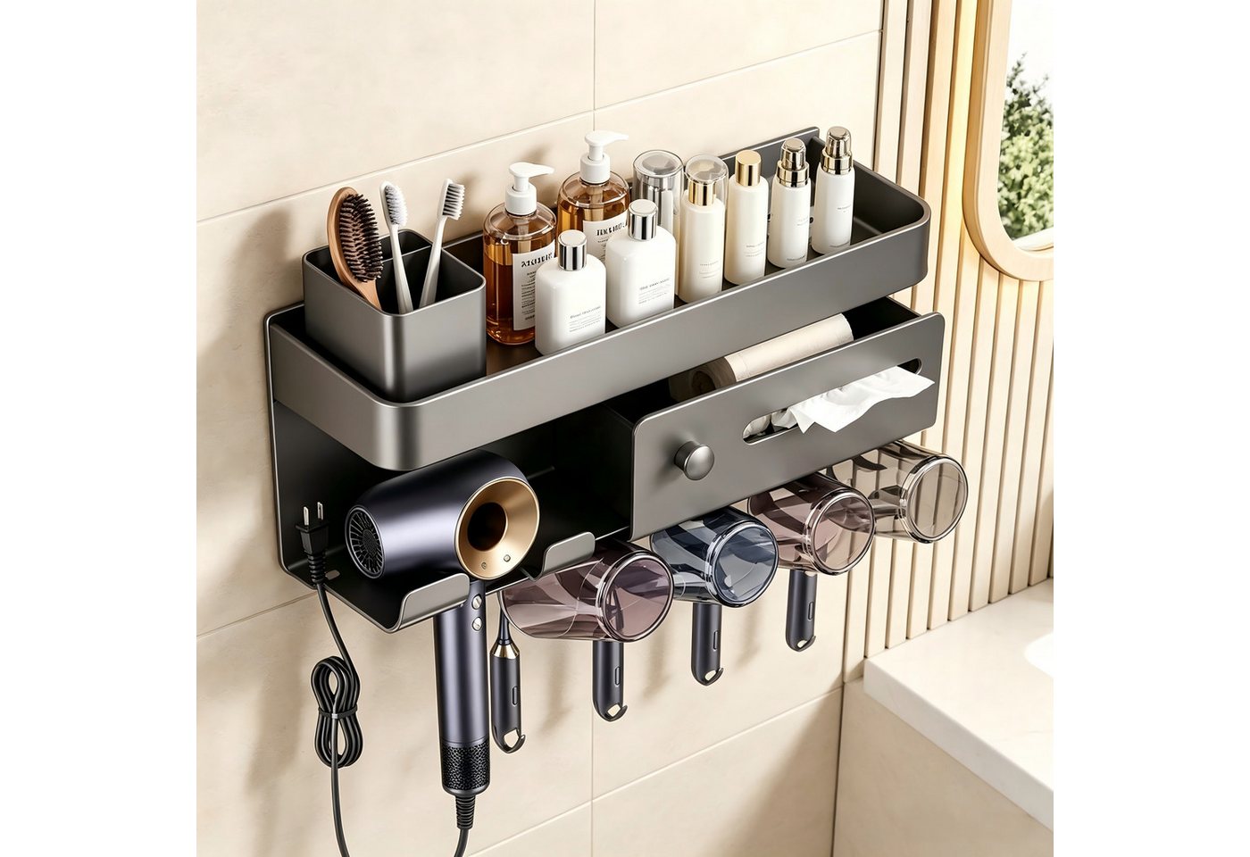 BlingBin Duschablage Metall Wandregal Badezimmer, Halter mit 4 Zahnbürstenbechern, 1er Set 1-tlg., für Föhn & elektrische Zahnbürsten am Waschbecken Bild 4