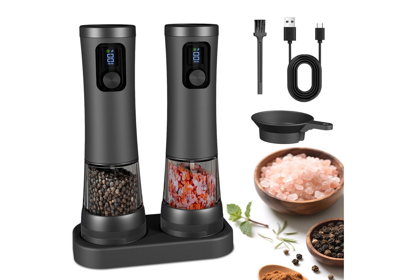Fyrove Salz-/Pfeffermühle Salz und Pfeffermühle Salzmühle 2er Set Elektrisch USB Aufladbar (Wiederaufladbar, LED Beleuchtung, mit einstellbarem Keramikmahlwerk, Reinigungsbürste Bürste), für BBQ, Restaurant, Küche Bild 2
