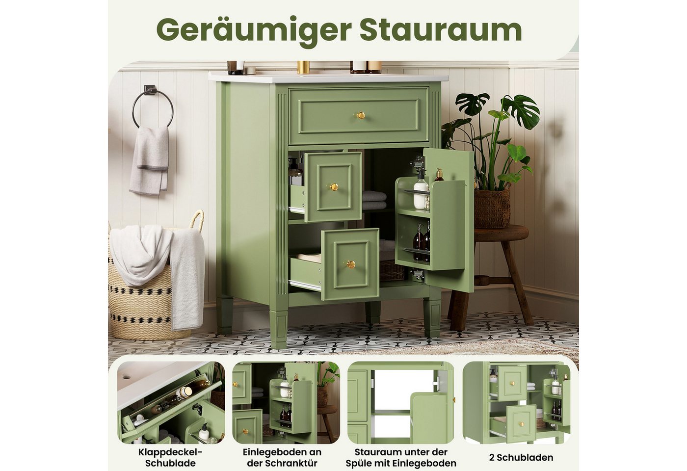 Merax Waschtisch mit Waschbecken, Freistehender Badmöbel-Set, Hochglanz Grün (Keramikbecken mit Überlauf, 1-St., 61 × 47 × 86 cm), Badzimmerschrank mit Klappschublade, 2 Schubladen,Tür mit Einlegeböden Bild 2