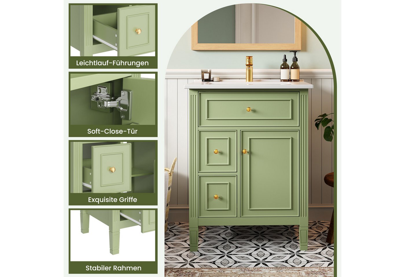 Merax Waschtisch mit Waschbecken, Freistehender Badmöbel-Set, Hochglanz Grün (Keramikbecken mit Überlauf, 1-St., 61 × 47 × 86 cm), Badzimmerschrank mit Klappschublade, 2 Schubladen,Tür mit Einlegeböden Bild 3