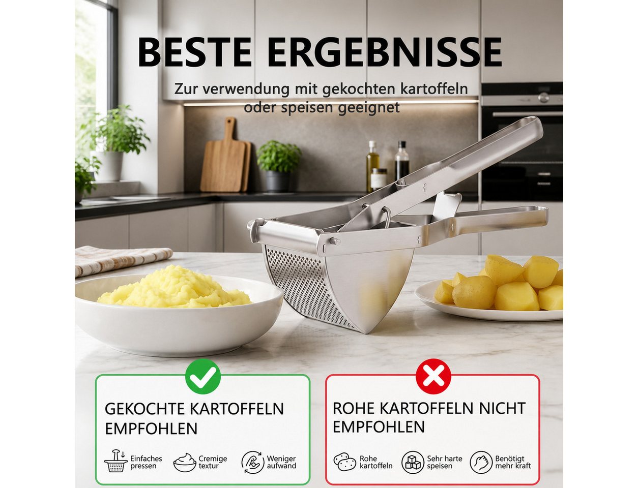 GLIESE POWER Kartoffelpresse aus Edelstahl, Stampfer mit Kartoffelschneidmesser für Püree, Edelstahl, 30 cm Griff – mühelos & klumpenfrei für Kartoffeln & Gemüse.