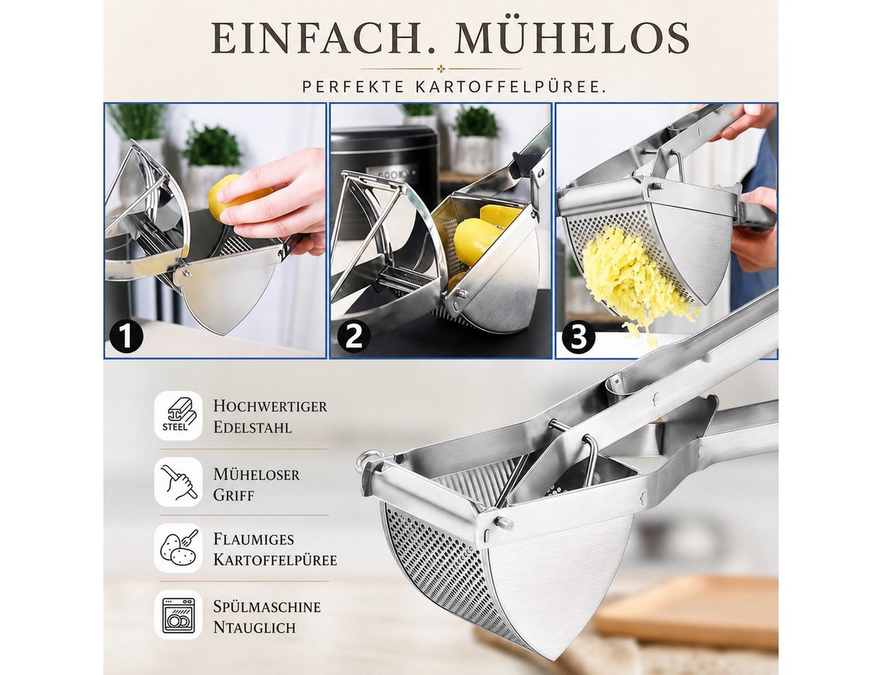 GLIESE POWER Kartoffelpresse aus Edelstahl, Stampfer mit Kartoffelschneidmesser für Püree, Edelstahl, 30 cm Griff – mühelos & klumpenfrei für Kartoffeln & Gemüse. Bild 2