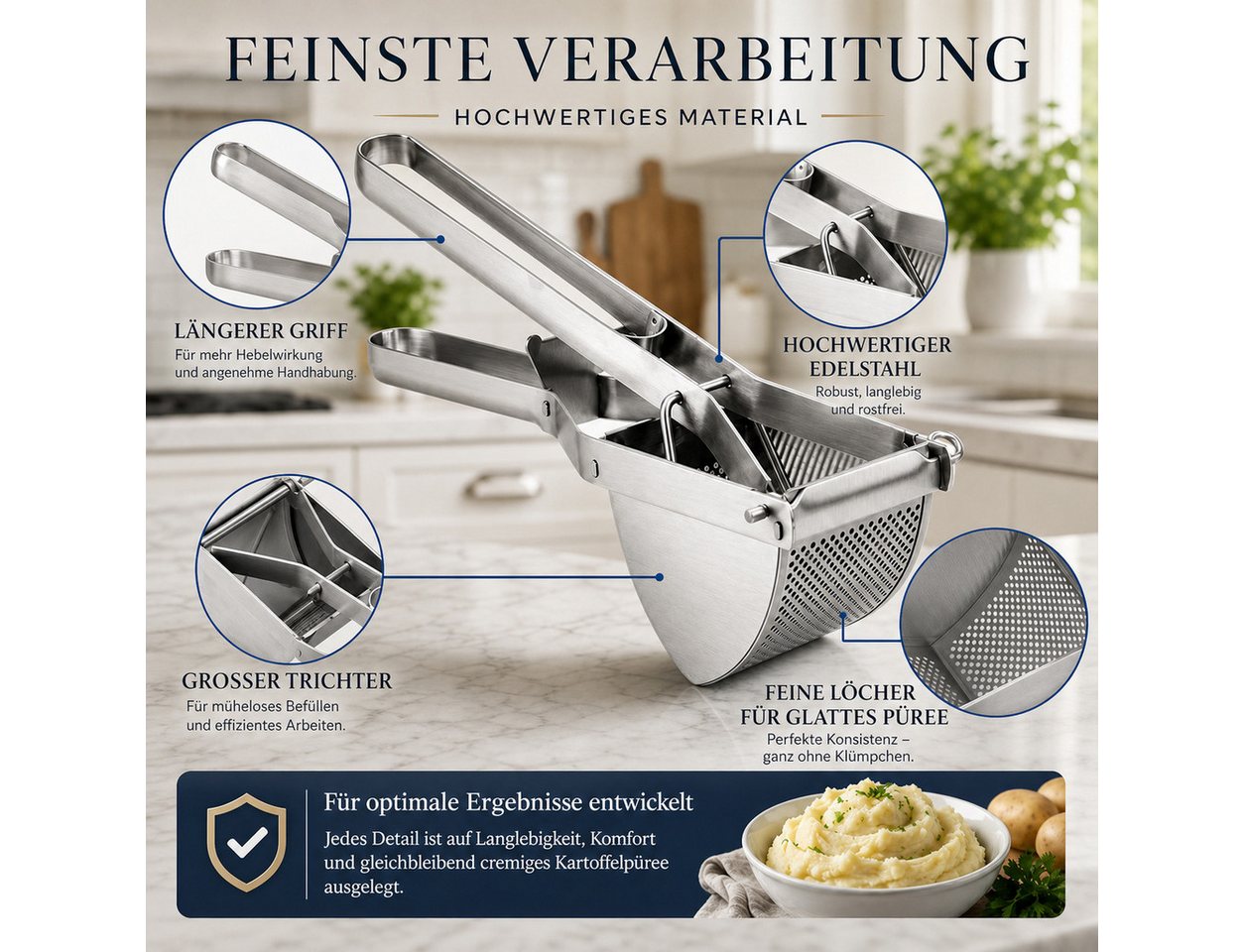 GLIESE POWER Kartoffelpresse aus Edelstahl, Stampfer mit Kartoffelschneidmesser für Püree, Edelstahl, 30 cm Griff – mühelos & klumpenfrei für Kartoffeln & Gemüse. Bild 3
