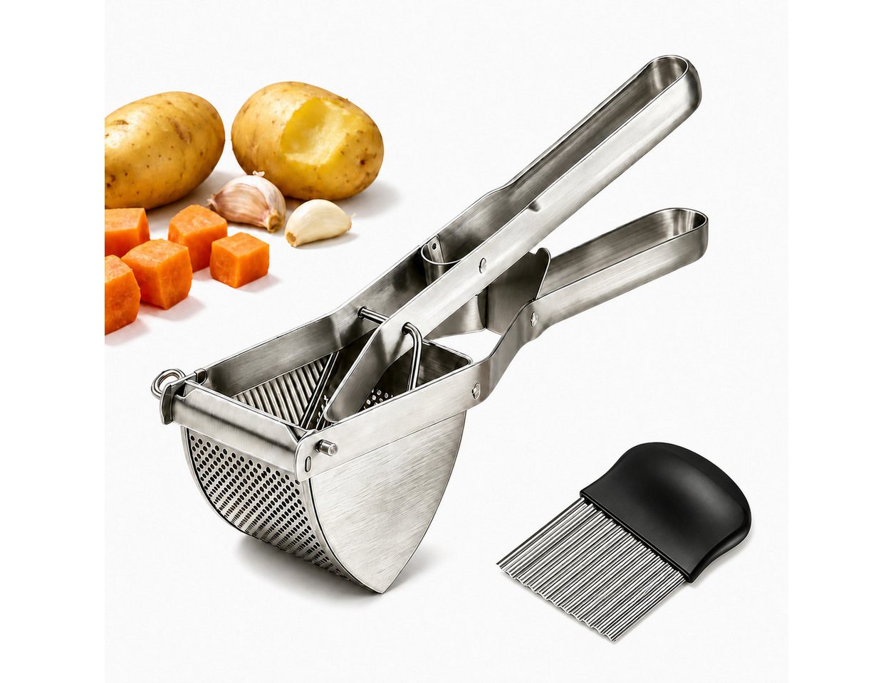 GLIESE POWER Kartoffelpresse aus Edelstahl, Stampfer mit Kartoffelschneidmesser für Püree, Edelstahl, 30 cm Griff – mühelos & klumpenfrei für Kartoffeln & Gemüse. Bild 4