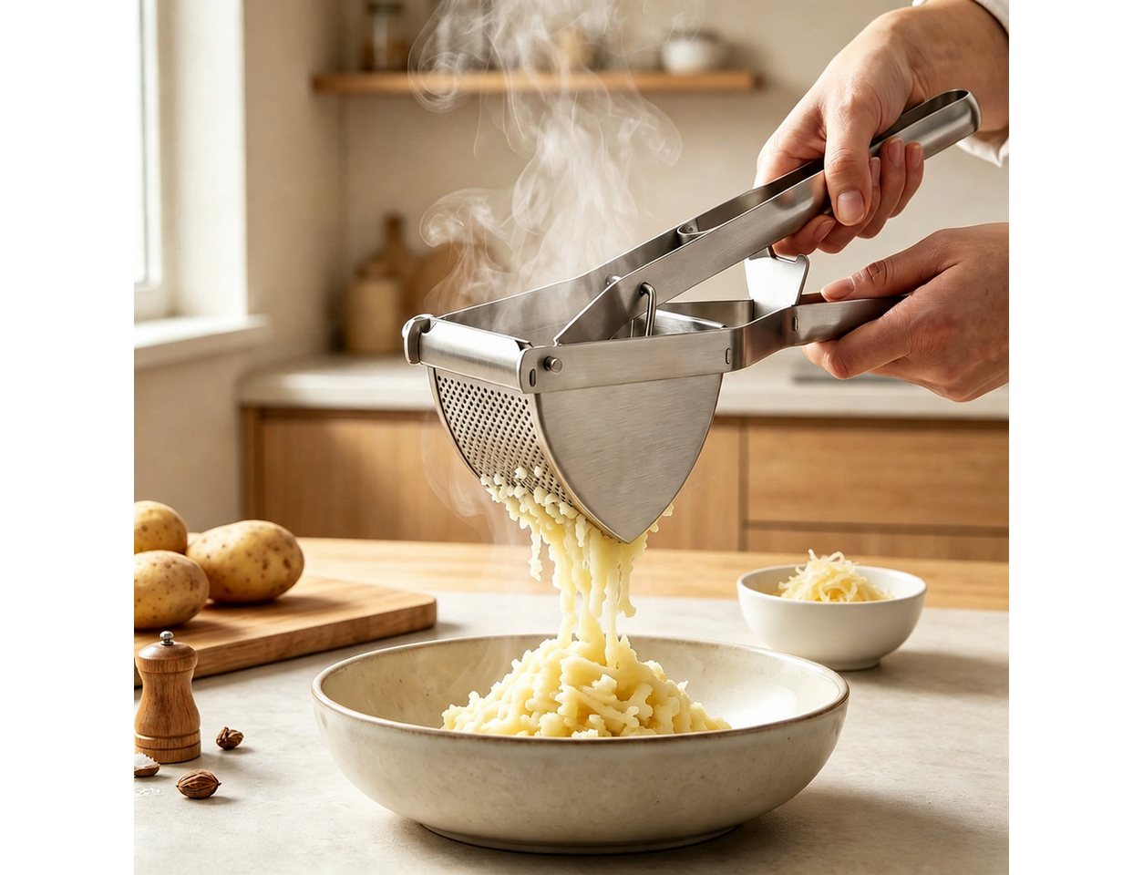 GLIESE POWER Kartoffelpresse aus Edelstahl, Stampfer mit Kartoffelschneidmesser für Püree, Edelstahl, 30 cm Griff – mühelos & klumpenfrei für Kartoffeln & Gemüse. Bild 5