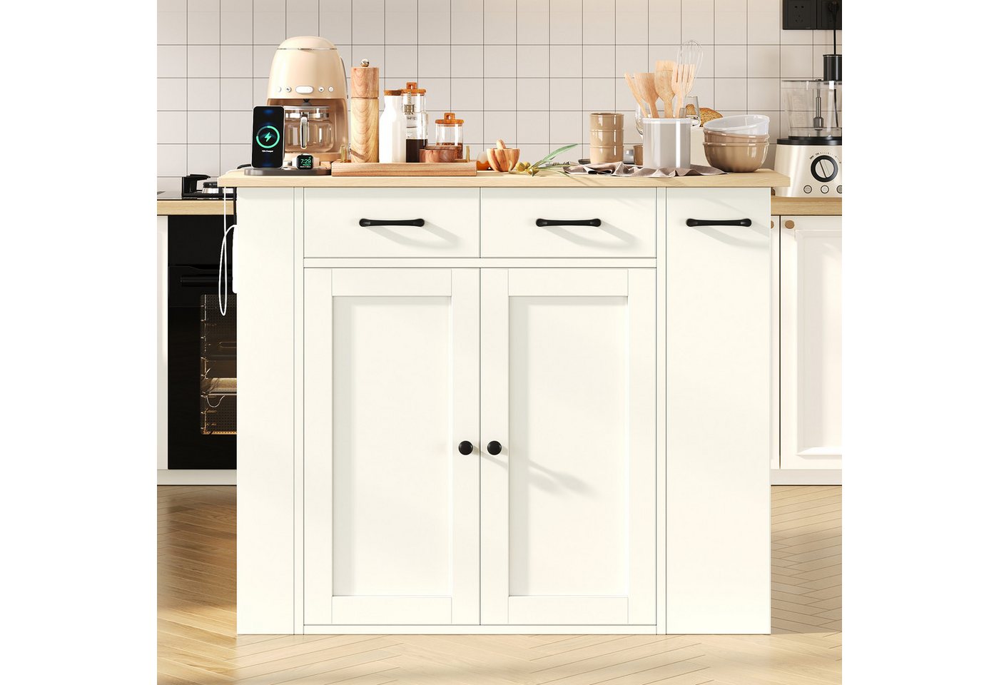 SeedWave Kücheninsel freistehend mit 120cm Klappbarer Arbeitsplatte, 2 Hocker, Ladefunktion, 3 Teilig, Küchenschrank mit Ausziehregalen