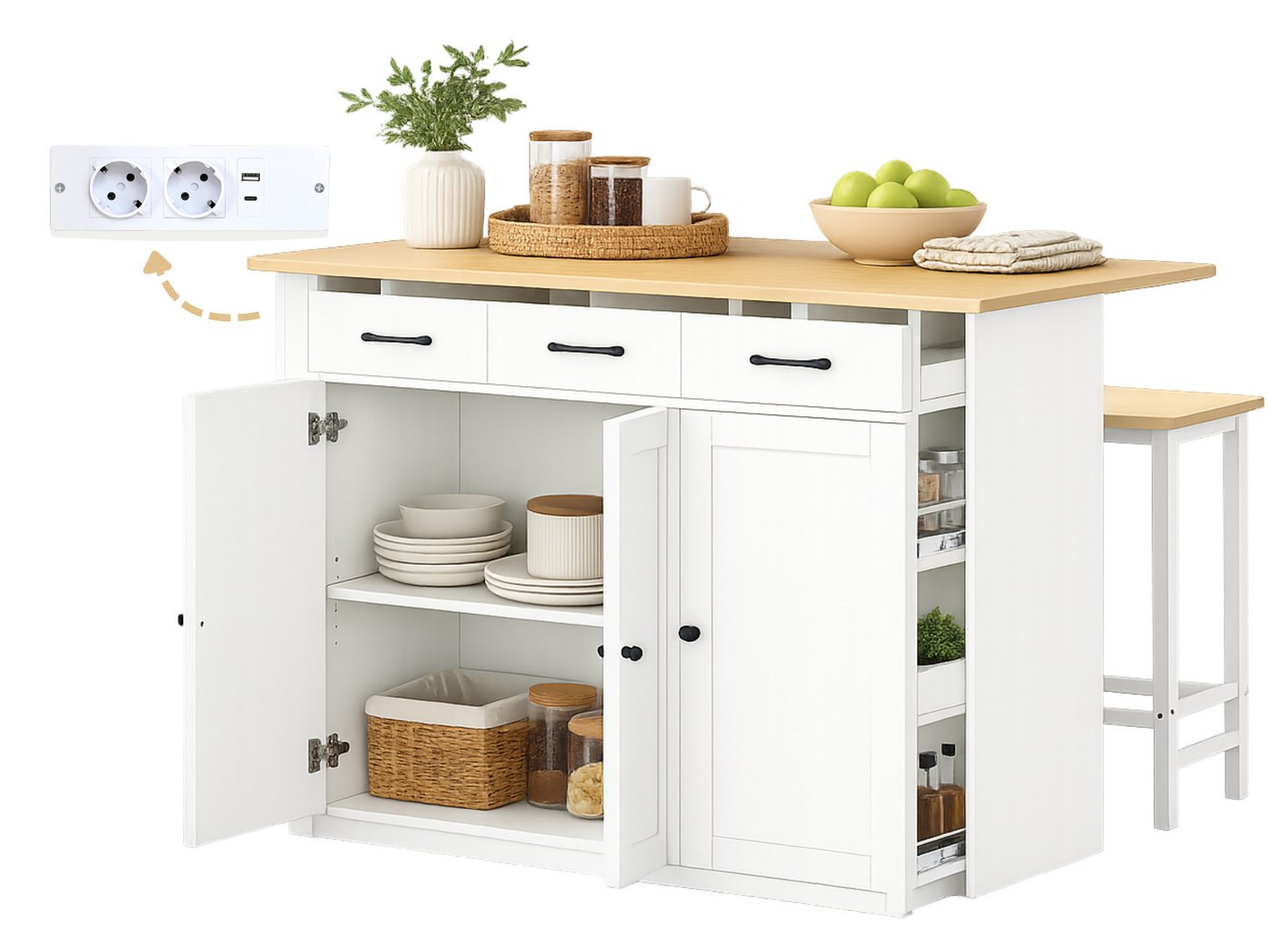 SeedWave Kücheninsel freistehend mit 120cm Klappbarer Arbeitsplatte, 2 Hocker, Ladefunktion, 3 Teilig, Küchenschrank mit Ausziehregalen Bild 2