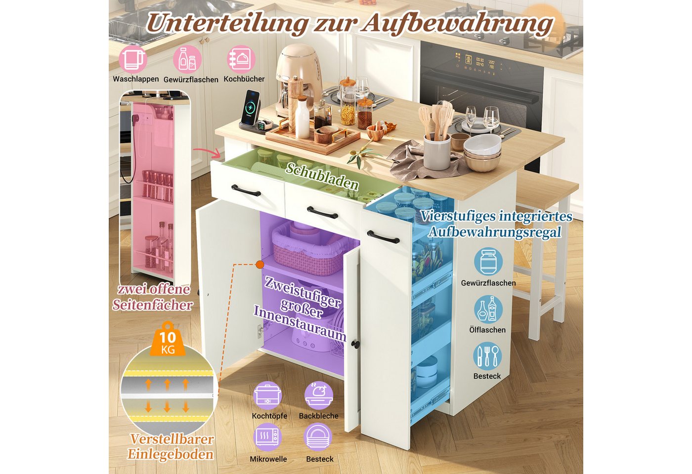 SeedWave Kücheninsel freistehend mit 120cm Klappbarer Arbeitsplatte, 2 Hocker, Ladefunktion, 3 Teilig, Küchenschrank mit Ausziehregalen Bild 3