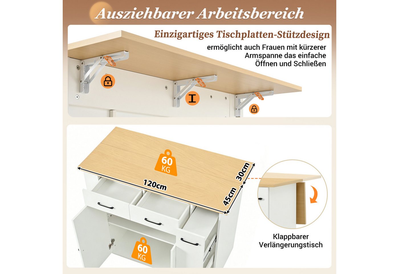 SeedWave Kücheninsel freistehend mit 120cm Klappbarer Arbeitsplatte, 2 Hocker, Ladefunktion, 3 Teilig, Küchenschrank mit Ausziehregalen Bild 4