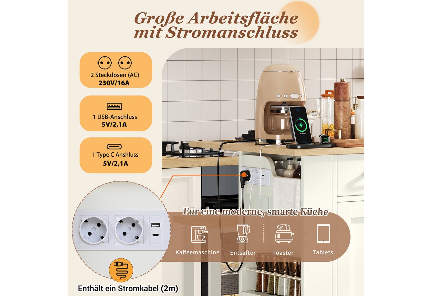 SeedWave Kücheninsel freistehend mit 120cm Klappbarer Arbeitsplatte, 2 Hocker, Ladefunktion, 3 Teilig, Küchenschrank mit Ausziehregalen Bild 5