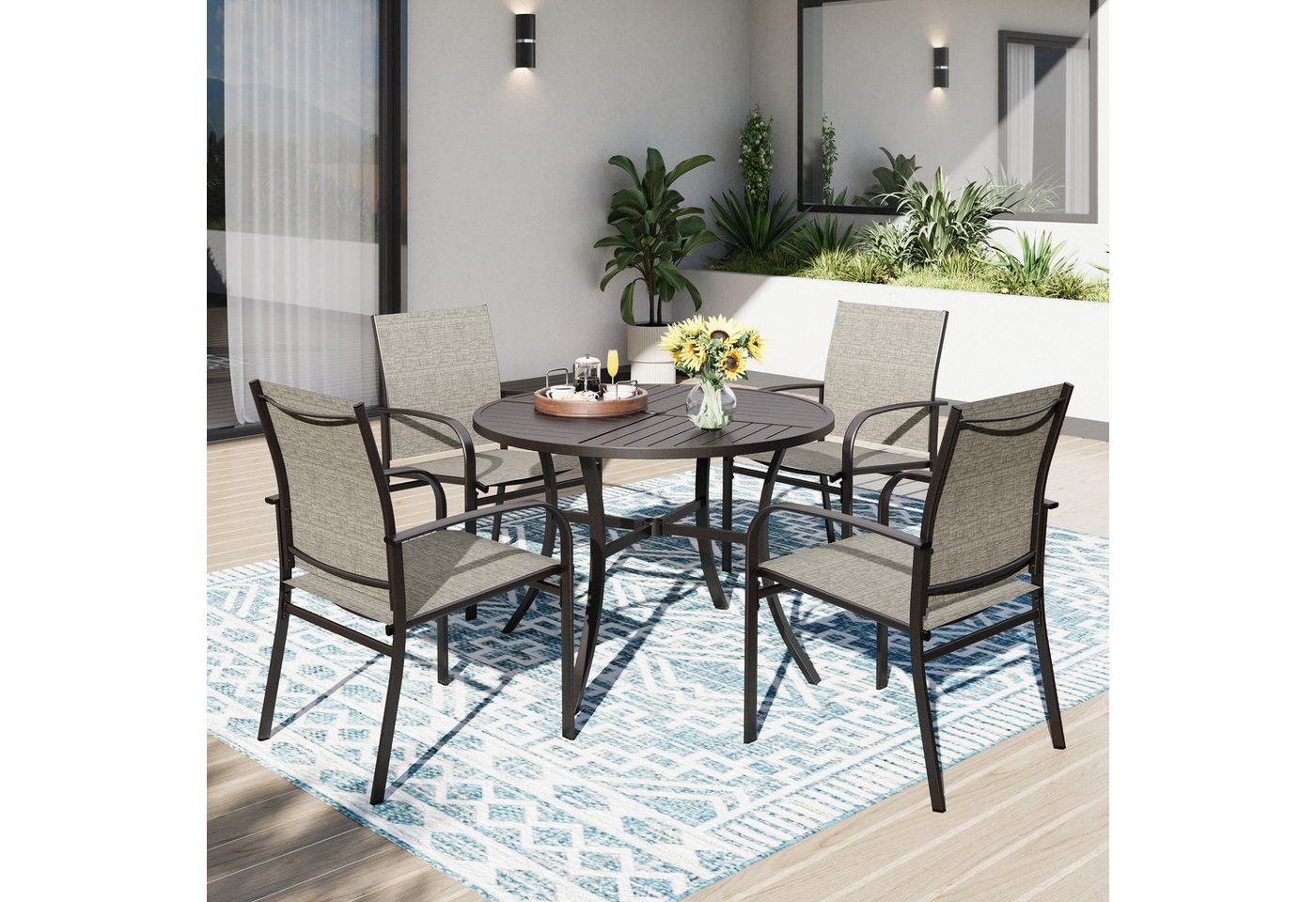 PHI VILLA Garten-Essgruppe, (5-teiliges Gartenmöbel Set Wetterfest, Gartentisch und 4 Textilene Stühle), Terrassenmöbel Sitzgruppe Outdoor für Balkon, Deck, Hof