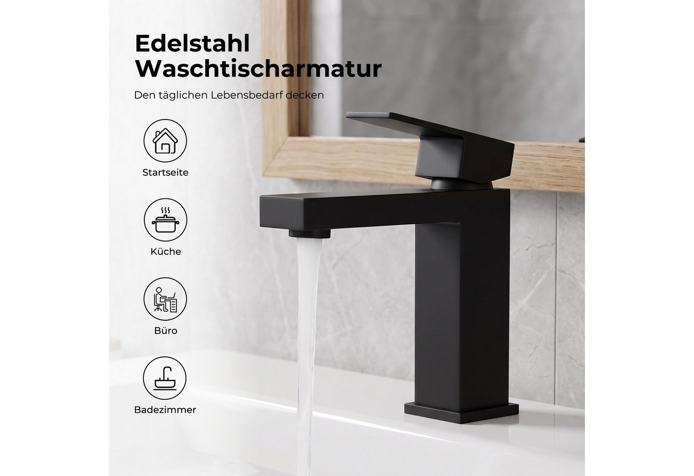 AKKEE Waschtischarmatur Wasserhahn Bad, Waschtischarmatur Schwarz Matt aus Messing Mischbatterie Waschbecken Wasserfall Waschtischarmatur Bild 2