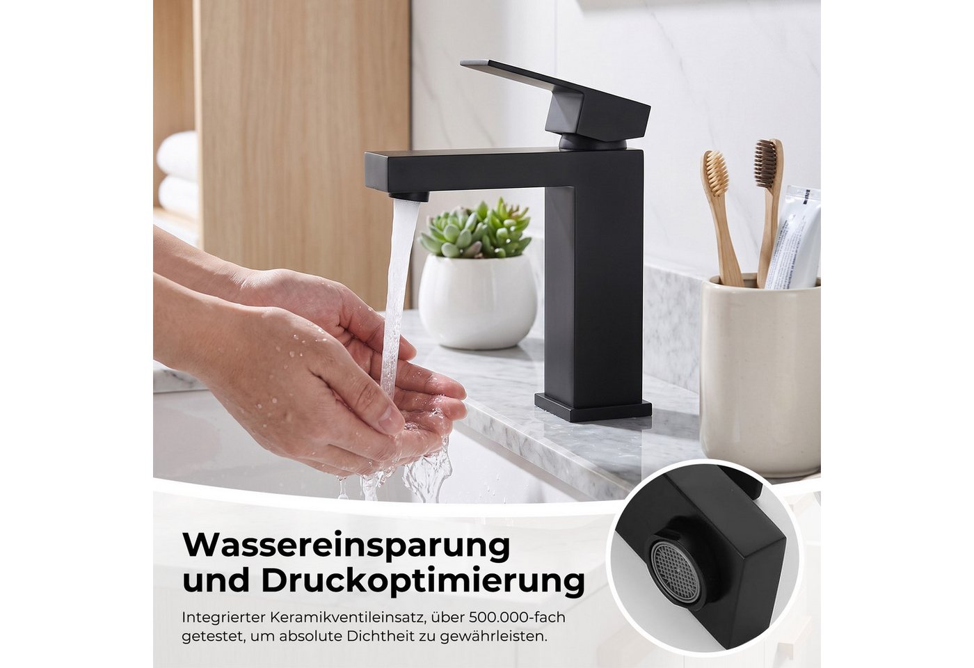 AKKEE Waschtischarmatur Wasserhahn Bad, Waschtischarmatur Schwarz Matt aus Messing Mischbatterie Waschbecken Wasserfall Waschtischarmatur Bild 3