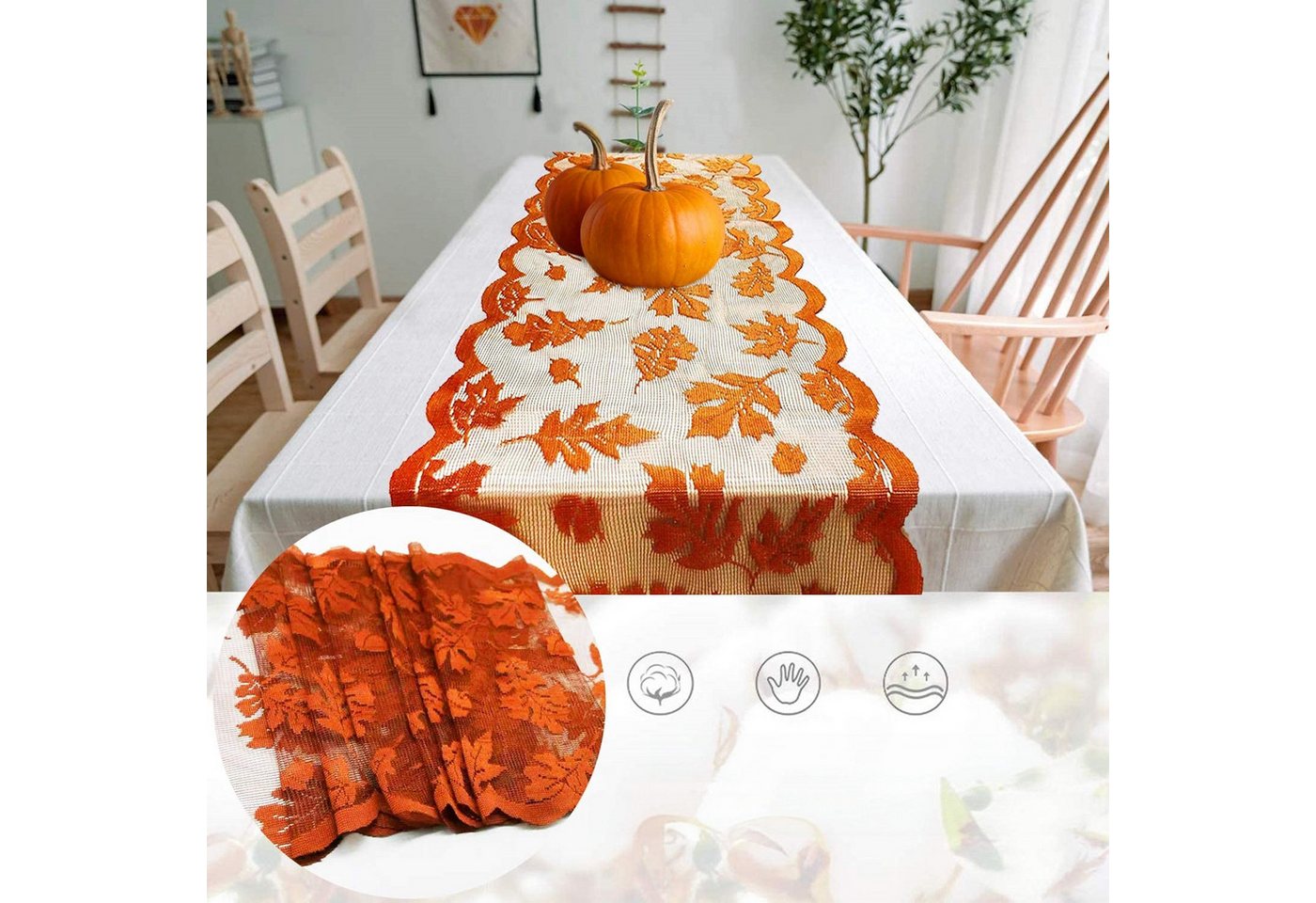 FOUORTUNATE-BEE Tischläufer Herbst Tischläufer mit Ahornblatt Spitze 33x183 cm Tischdeko, Tischläufer Herbstdeko für Esszimmer Party Hochzeit Festtafel Bild 2