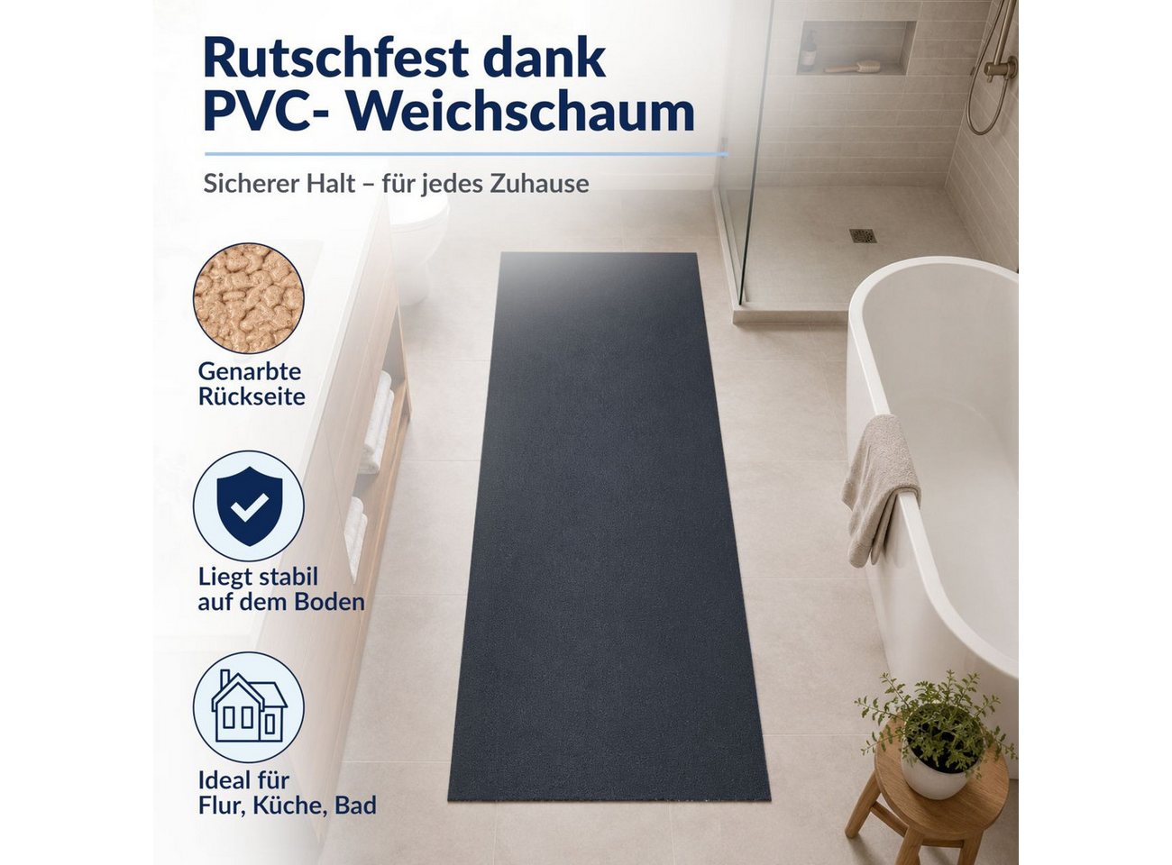 ANRO Badematte AquaComfort Meterware Mikrofaser Schlingen-Badläufer 60/90 cm Breite, Höhe 3 mm, rutschhemmender Rücken, Fußbodenheizung geeignet, zuschneidbar, schnelltrocknend, rutschhemmend, Fußbodenheizung geeignet., weich, trittschalldämmend, isolierend, zuschneidbar, saugstark, Polyester, Rechteckig, rutschhemmender Schaumrücken, Größe: 100x60cm Anthrazit Bild 2