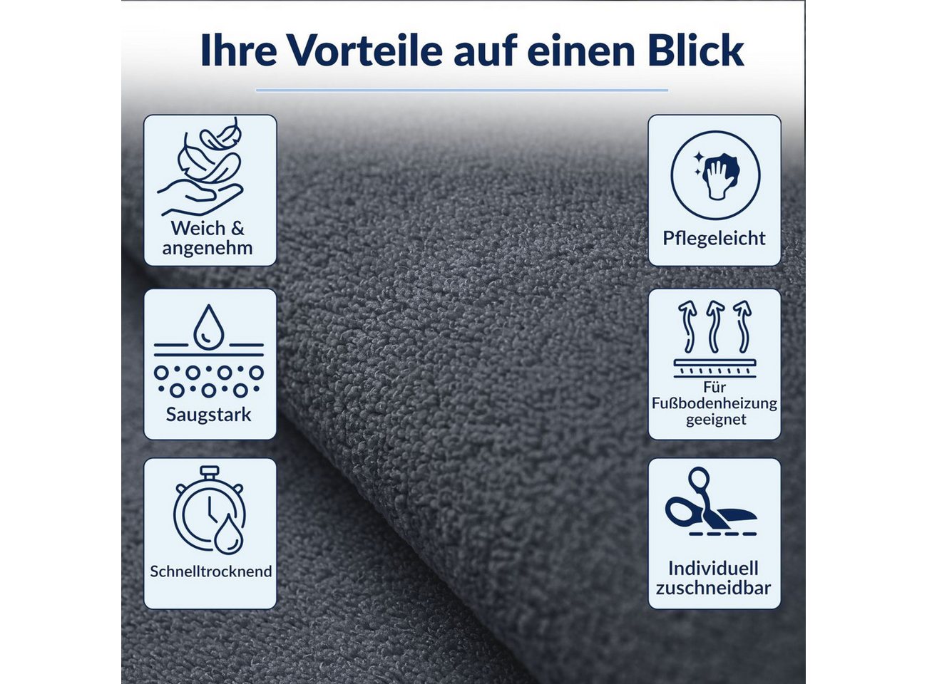 ANRO Badematte AquaComfort Meterware Mikrofaser Schlingen-Badläufer 60/90 cm Breite, Höhe 3 mm, rutschhemmender Rücken, Fußbodenheizung geeignet, zuschneidbar, schnelltrocknend, rutschhemmend, Fußbodenheizung geeignet., weich, trittschalldämmend, isolierend, zuschneidbar, saugstark, Polyester, Rechteckig, rutschhemmender Schaumrücken, Größe: 100x60cm Anthrazit Bild 3