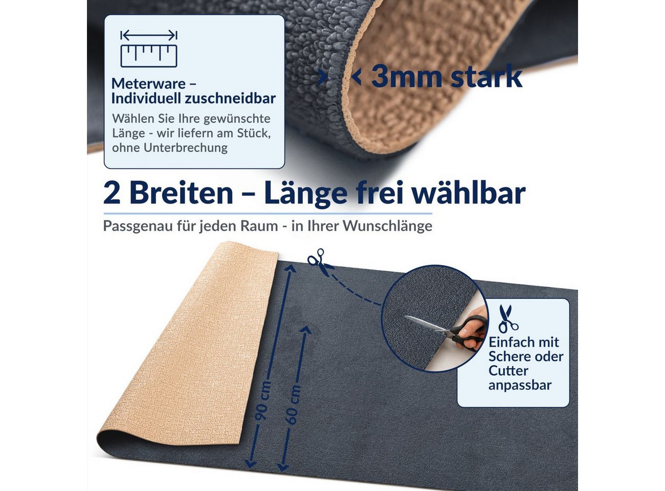 ANRO Badematte AquaComfort Meterware Mikrofaser Schlingen-Badläufer 60/90 cm Breite, Höhe 3 mm, rutschhemmender Rücken, Fußbodenheizung geeignet, zuschneidbar, schnelltrocknend, rutschhemmend, Fußbodenheizung geeignet., weich, trittschalldämmend, isolierend, zuschneidbar, saugstark, Polyester, Rechteckig, rutschhemmender Schaumrücken, Größe: 100x60cm Anthrazit Bild 4