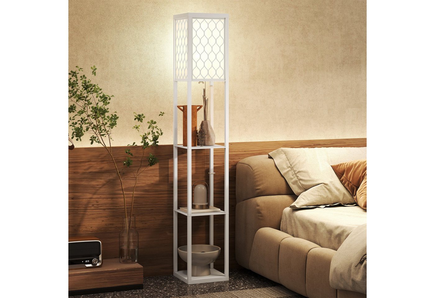 HOMCOM Stehlampe mit Regal, Ein-,Ausschalter, ohne Leuchtmittel, Warmweiß, 3 Fächer Stauraum, Weiß