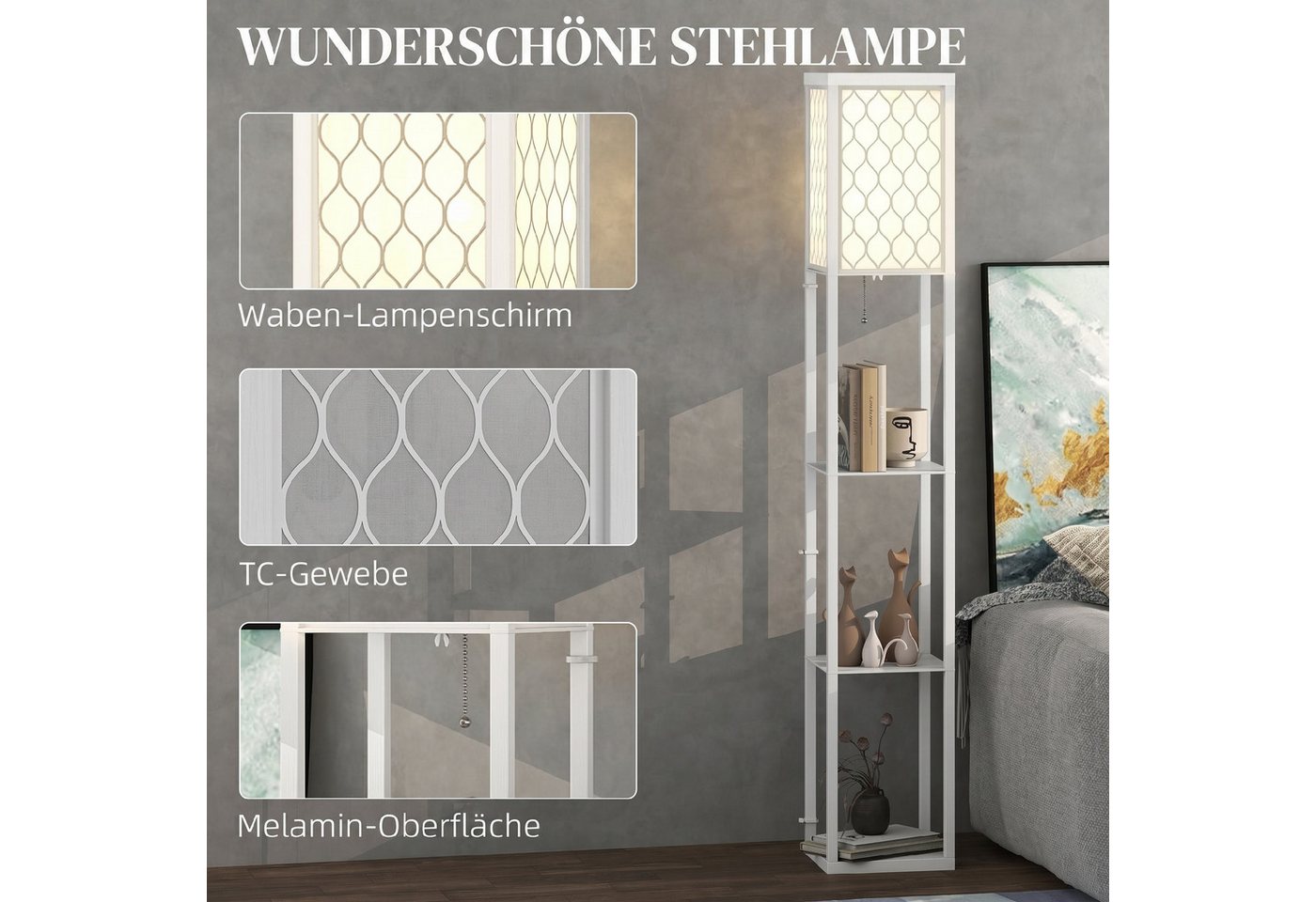 HOMCOM Stehlampe mit Regal, Ein-,Ausschalter, ohne Leuchtmittel, Warmweiß, 3 Fächer Stauraum, Weiß Bild 3