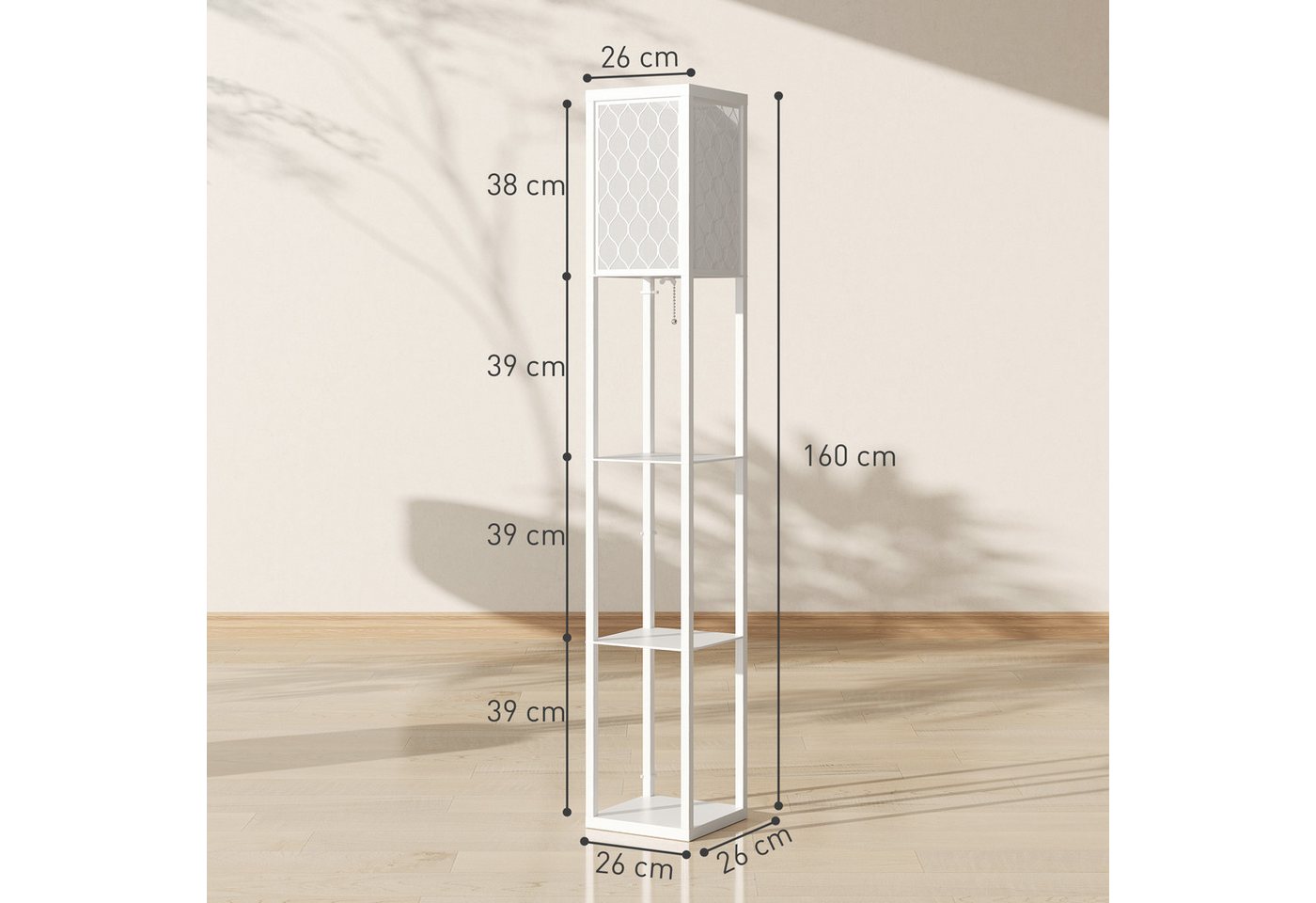 HOMCOM Stehlampe mit Regal, Ein-,Ausschalter, ohne Leuchtmittel, Warmweiß, 3 Fächer Stauraum, Weiß Bild 4