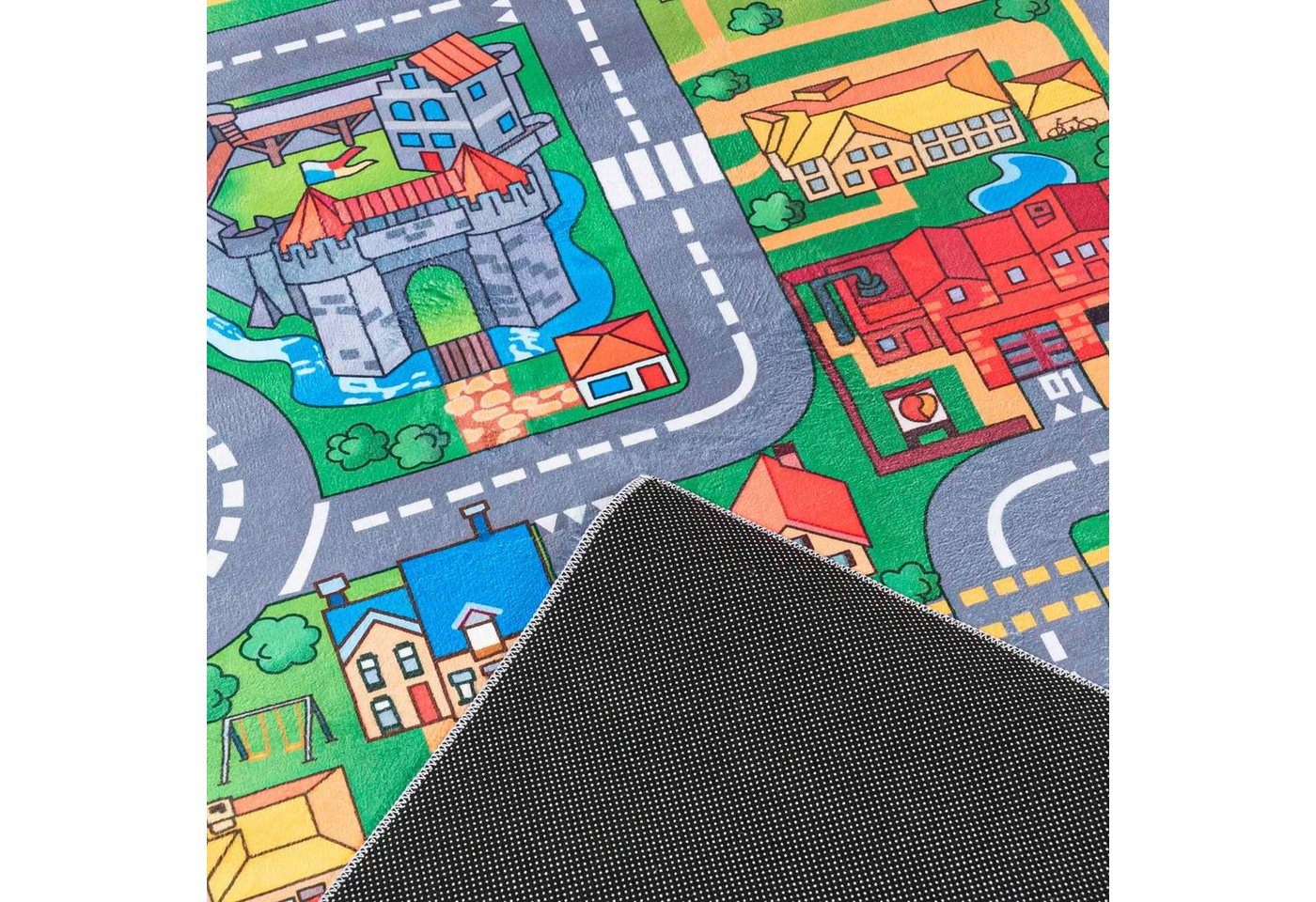 Mazovia Kinderteppich Kinderteppich Spiel Teppich Kinderzimmerteppich Straße Grün Grau, 80 x 150 cm, Fußbodenheizung, Allergiker geeignet, Rutschfest