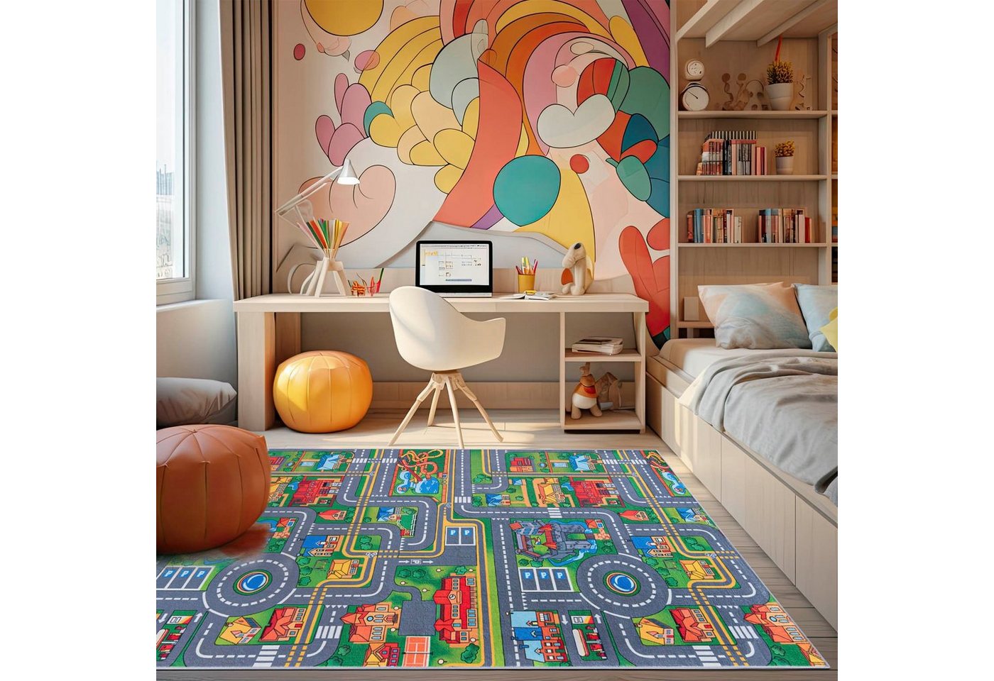 Mazovia Kinderteppich Kinderteppich Spiel Teppich Kinderzimmerteppich Straße Grün Grau, 80 x 150 cm, Fußbodenheizung, Allergiker geeignet, Rutschfest Bild 2