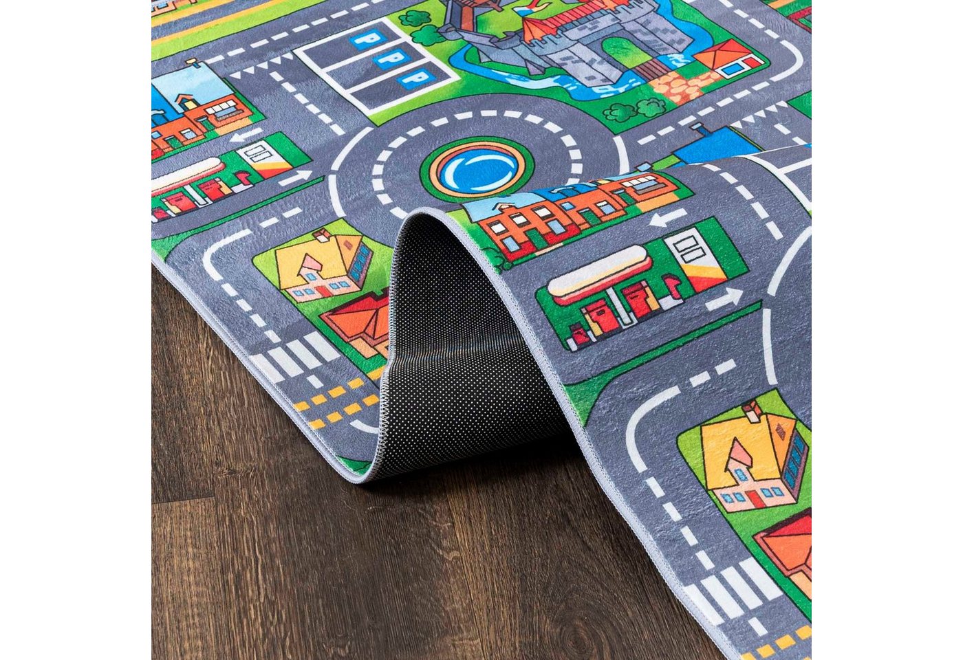 Mazovia Kinderteppich Kinderteppich Spiel Teppich Kinderzimmerteppich Straße Grün Grau, 80 x 150 cm, Fußbodenheizung, Allergiker geeignet, Rutschfest Bild 4