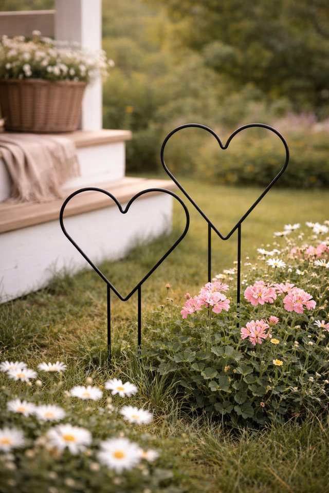 finehomegarden Gartenstecker Metall Herz Gartenstecker – 30 × H31 cm – Stablänge 15,5 cm schwarz (2-St) Deko Herz aus Metall für Garten & Blumentöpfe Bild 2