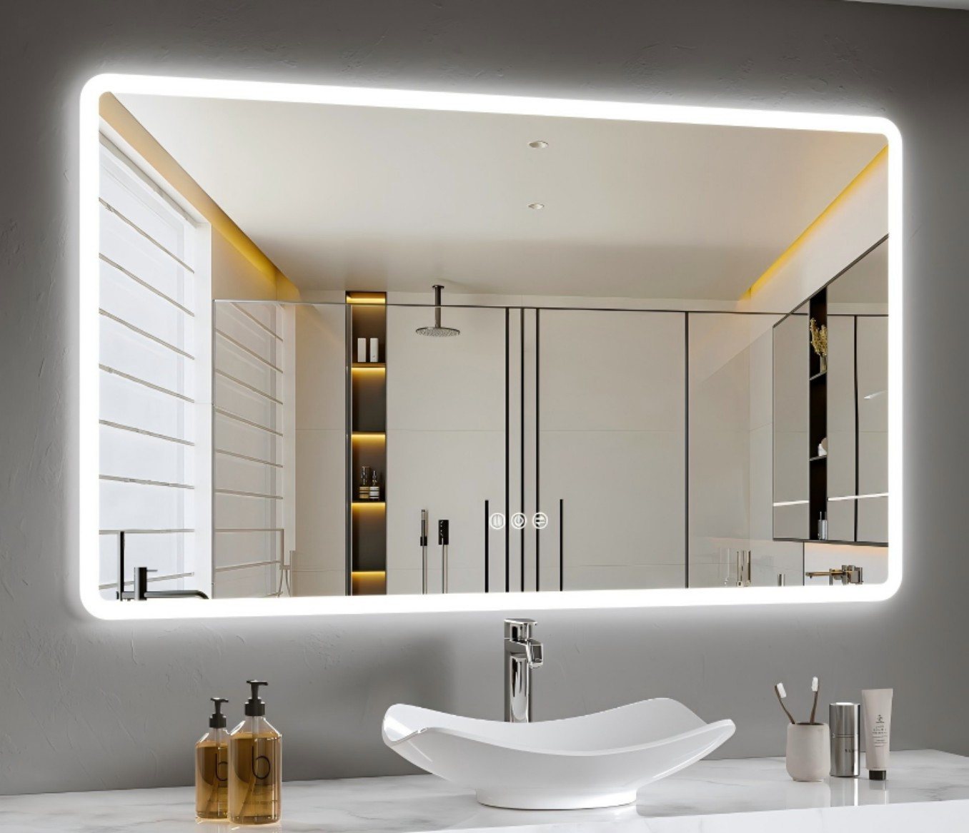 JDONG Badspiegel mit Beleuchtung LED Wandspiegel Durchmesser 80-150cm (Badezimmerspiegel 80*60100*60120*70150*70150*90cm, Touch-Schalter IP44 Bad Spiegel mit licht beleuchtet 3 Lichtfarben), Dimmbar, Memory-Funktion, Spiegelheizung,Antibeschlag