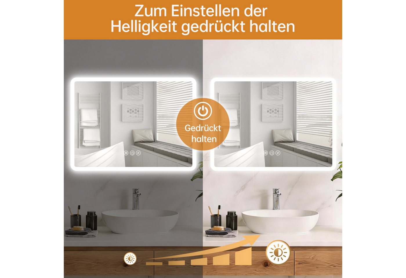 JDONG Badspiegel mit Beleuchtung LED Wandspiegel Durchmesser 80-150cm (Badezimmerspiegel 80*60100*60120*70150*70150*90cm, Touch-Schalter IP44 Bad Spiegel mit licht beleuchtet 3 Lichtfarben), Dimmbar, Memory-Funktion, Spiegelheizung,Antibeschlag Bild 2