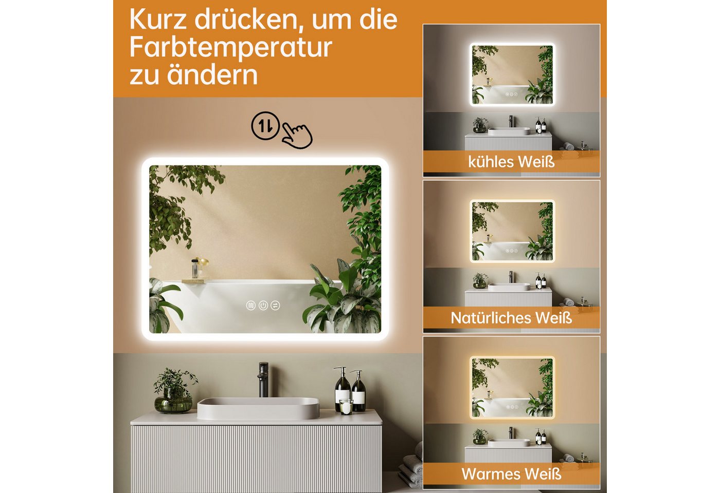 JDONG Badspiegel mit Beleuchtung LED Wandspiegel Durchmesser 80-150cm (Badezimmerspiegel 80*60100*60120*70150*70150*90cm, Touch-Schalter IP44 Bad Spiegel mit licht beleuchtet 3 Lichtfarben), Dimmbar, Memory-Funktion, Spiegelheizung,Antibeschlag Bild 3