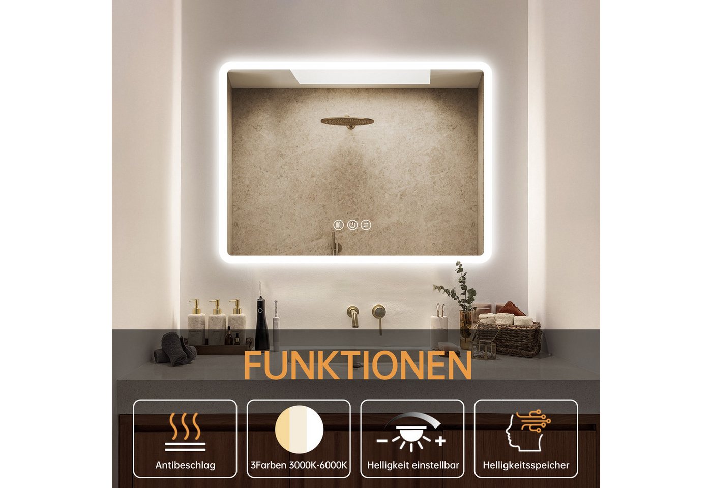 JDONG Badspiegel mit Beleuchtung LED Wandspiegel Durchmesser 80-150cm (Badezimmerspiegel 80*60100*60120*70150*70150*90cm, Touch-Schalter IP44 Bad Spiegel mit licht beleuchtet 3 Lichtfarben), Dimmbar, Memory-Funktion, Spiegelheizung,Antibeschlag Bild 4