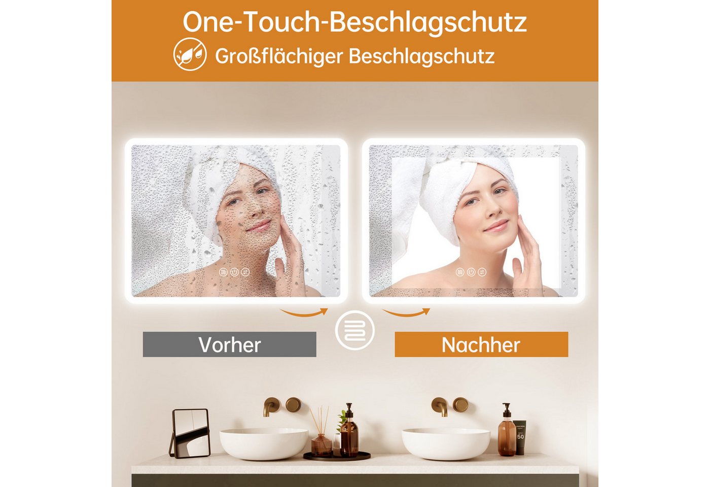 JDONG Badspiegel mit Beleuchtung LED Wandspiegel Durchmesser 80-150cm (Badezimmerspiegel 80*60100*60120*70150*70150*90cm, Touch-Schalter IP44 Bad Spiegel mit licht beleuchtet 3 Lichtfarben), Dimmbar, Memory-Funktion, Spiegelheizung,Antibeschlag Bild 5