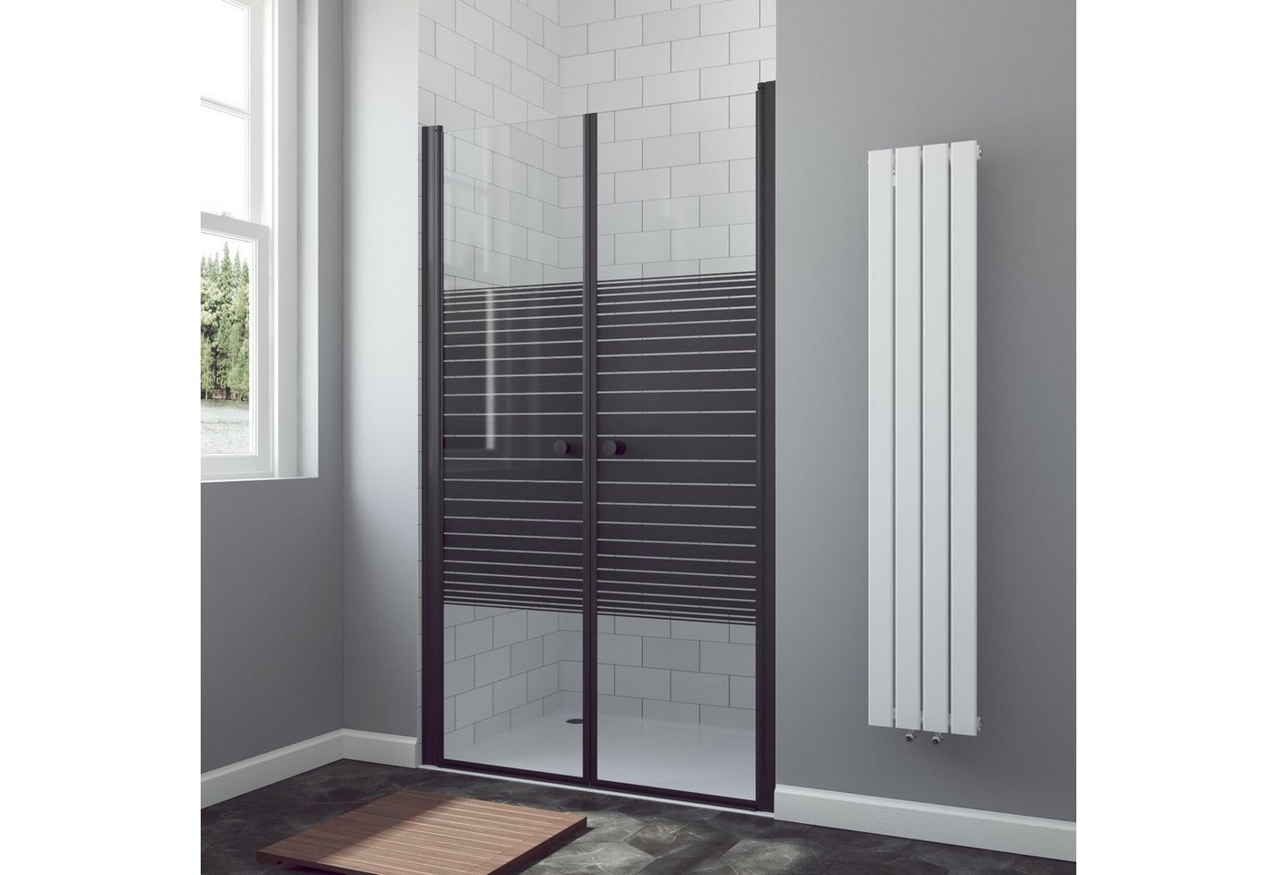 AQUALAVOS Dusch-Doppelflügeltür Nischentür Pendeltür Schwarzmatt Beidseitig öffnend Heb-/Senk-Funktion, 80x197 cm, 6 mm ESG Sicherheitsglas, Rahmenlos Pendeltür 2-teilig 6 mm ESG Sicherheitsglas NANO Höhe 197 cm