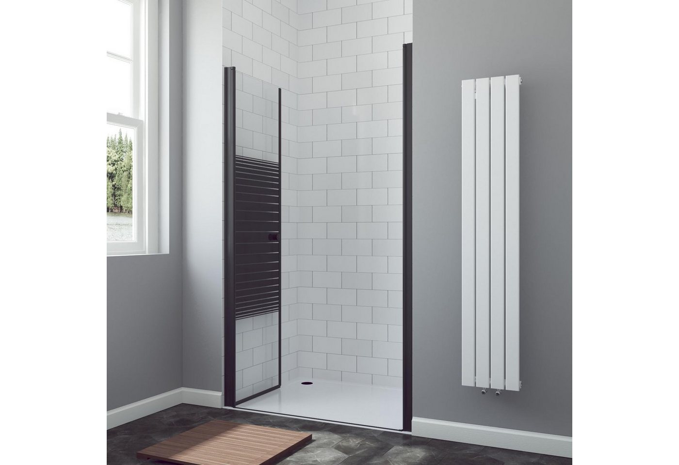 AQUALAVOS Dusch-Doppelflügeltür Nischentür Pendeltür Schwarzmatt Beidseitig öffnend Heb-/Senk-Funktion, 80x197 cm, 6 mm ESG Sicherheitsglas, Rahmenlos Pendeltür 2-teilig 6 mm ESG Sicherheitsglas NANO Höhe 197 cm Bild 2