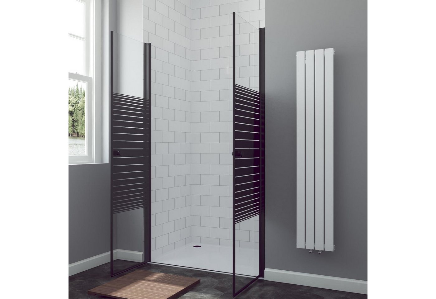 AQUALAVOS Dusch-Doppelflügeltür Nischentür Pendeltür Schwarzmatt Beidseitig öffnend Heb-/Senk-Funktion, 80x197 cm, 6 mm ESG Sicherheitsglas, Rahmenlos Pendeltür 2-teilig 6 mm ESG Sicherheitsglas NANO Höhe 197 cm Bild 3