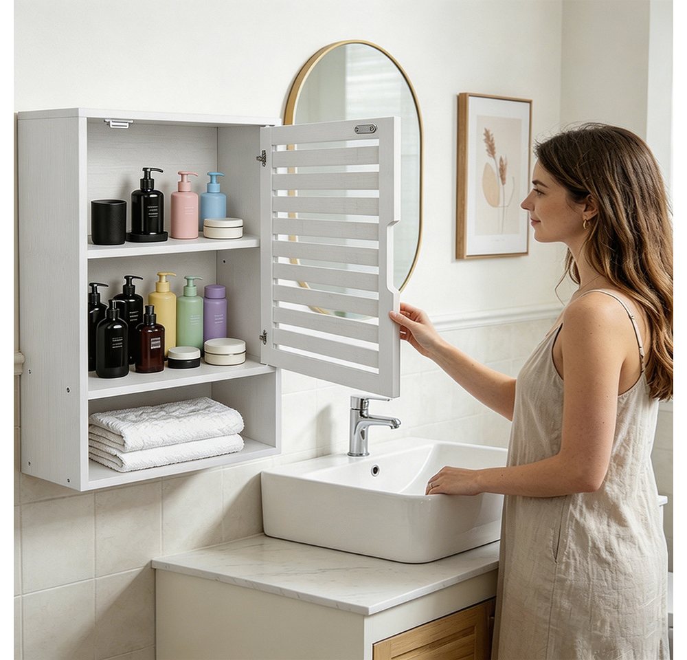 JEOBEST Hängeschrank Badezimmerschrank Hängend Bambus Wandschrank Badezimmer Regal Lamellentüren und offenem Fach, Modern Design 20 x 40 x 60 cm