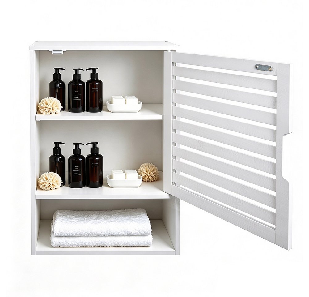 JEOBEST Hängeschrank Badezimmerschrank Hängend Bambus Wandschrank Badezimmer Regal Lamellentüren und offenem Fach, Modern Design 20 x 40 x 60 cm Bild 4
